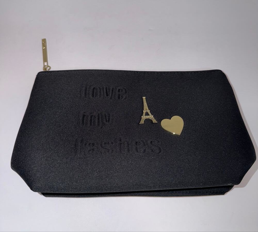 Lancôme “Love My Lashes” Black Cosmetic Makeup Bag Paris Theme Gold Accents